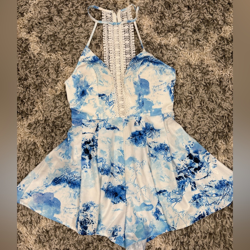 Luxxel Blue and White Mini Romper Dress with Halter Neckline